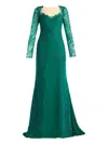 Tadashi Shoji Embroidered Lace Long Sleeve Crepe Gown In Green