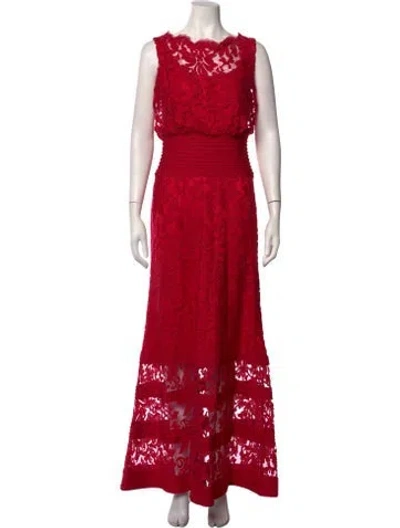 Pre-owned Tadashi Shoji Lace Pattern Long Dress In Red