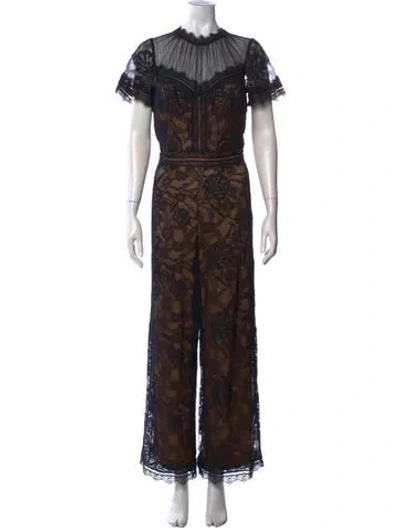 Pre-owned Tadashi Shoji Lace Pattern Mock Neck Jumpsuit In Brown