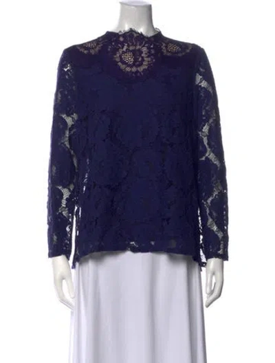 Pre-owned Tadashi Shoji Lace Pattern Mock Neck Top In Blue