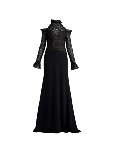 Tadashi Shoji Lace-overlay Cold-shoulder Gown In Black