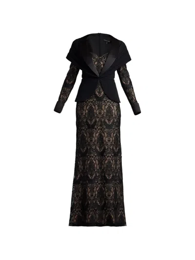 Tadashi Shoji Lace-overlay Shawl-lapel Dress In Black