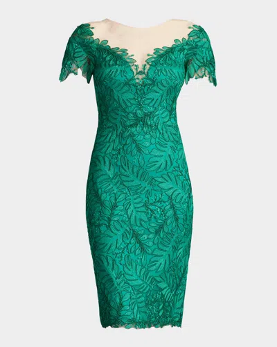 Tadashi Shoji Leaf-embroidered Bodycon Illusion Dress In Green