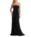 Tadashi Shoji Pleated Strapless Ruffle Gown In Black