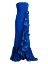 Tadashi Shoji Pleated Strapless Gown With Cascading Ruffles In Blue