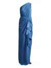 Tadashi Shoji Lena Draped One-shoulder Ruffle Evening Dress In Blue