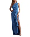 Tadashi Shoji Lena Waterfall Drape Gown In Blue