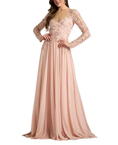Tadashi Shoji Illusion Lace Embroidered Sleeve Gown In White