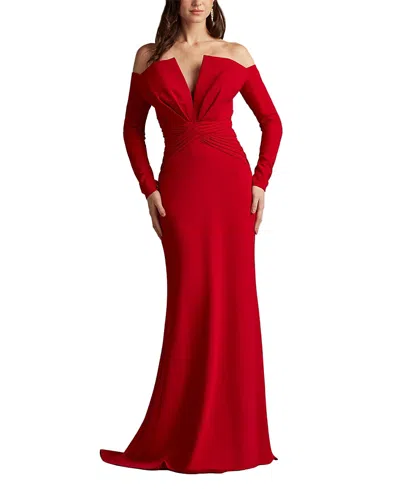 Tadashi Shoji Off-shoulder V-neck Pleated Gown In Red