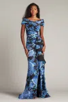 Tadashi Shoji Floral Print Ruffle Off The Shoulder Gown In Black