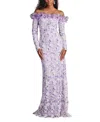 Tadashi Shoji Off The Shoulder Long Sleeve Illusion Gown In Blue