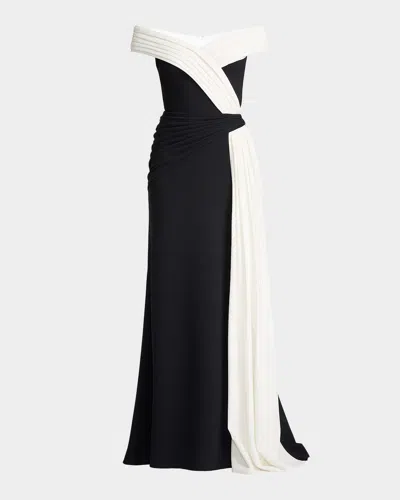 Tadashi Shoji Lohner Two-tone Draped Off-the-shoulder Trumpet Gown In Black