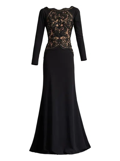 Tadashi Shoji Long-sleeve Embroidered Gown In Black