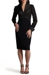 Tadashi Shoji Long Sleeve Lace & Crepe Dress In Black/ Nude