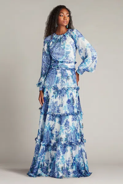Tadashi Shoji Long Sleeve Ruffled Tiered Gown In Multi