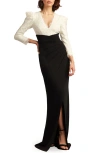 Tadashi Shoji Long Sleeve Scalloped Lace Crepe Dress In Ivory/black