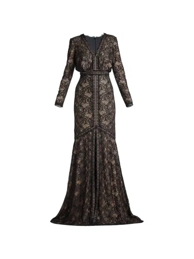 Tadashi Shoji Long Sleeve Eyelash Lace Mermaid Gown In Brown