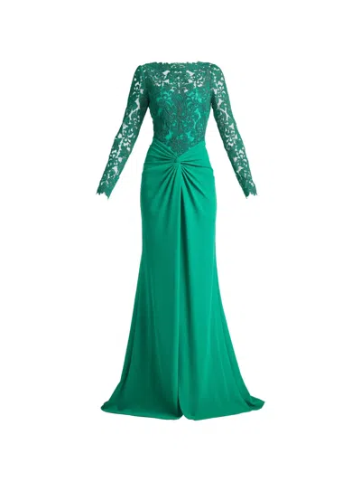 Tadashi Shoji Lysandra Lace-panelled Twist-detail Gown In Green