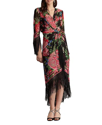 Tadashi Shoji Mair Floral Print Tassel Fringe Wrap Dress In Black