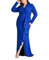 Tadashi Shoji Ruched Long Sleeve Column Gown In Blue