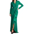 Tadashi Shoji Markum Long-sleeve Flounce Gown In Green