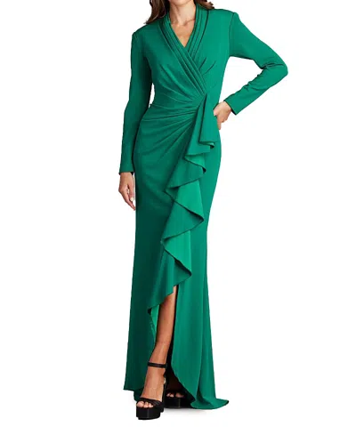 Tadashi Shoji Markum Long-sleeve Flounce Gown In Green