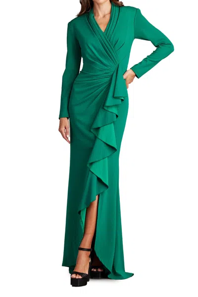 Tadashi Shoji Markum Long-sleeve Flounce Gown In Green