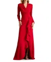 Tadashi Shoji Textured Crepe V-neck Long Sleeve Gown In Red