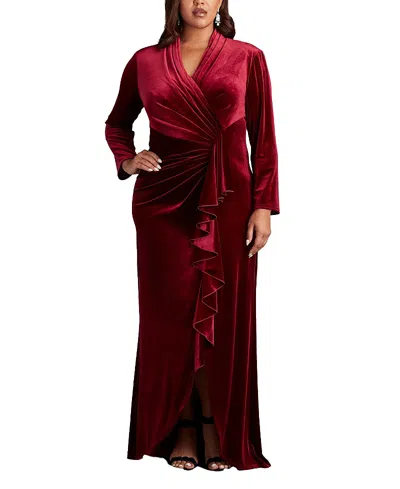 Tadashi Shoji Markum Long-sleeve Velvet Flounce Gown - Plus Size In Red