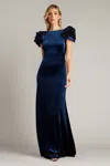 Tadashi Shoji Maylee Rosette Shoulder Velvet Gown In Navy In Blue