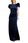 Tadashi Shoji Maylee Rosette Shoulder Velvet Gown In Navy