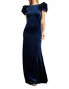 Tadashi Shoji Maylee Rosette Shoulder Velvet Gown In Navy In Blue