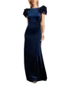Tadashi Shoji Maylee Rosette Shoulder Velvet Gown In Navy In Navy