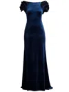Tadashi Shoji Maylee Rosette Shoulder Velvet Gown In Navy In Blue