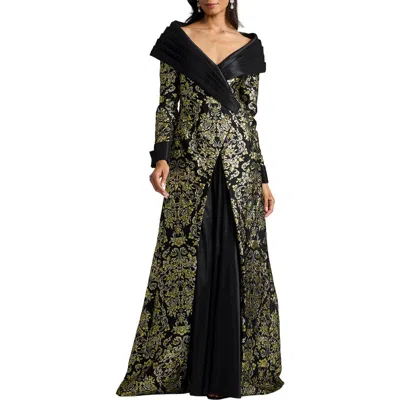 Tadashi Shoji Metallic Floral Jacquard Long Sleeve Mixed Media Gown In Multi