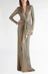 Tadashi Shoji Metallic Long Sleeve Liquid Jersey Gown In Neutral