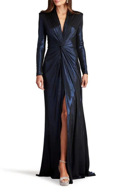 Tadashi Shoji Metallic Long Sleeve Liquid Jersey Gown In Royal Navy