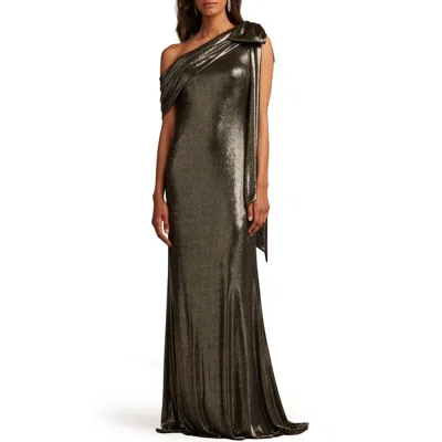Tadashi Shoji Metallic One-shoulder Liquid Jersey Gown In Gunmetal