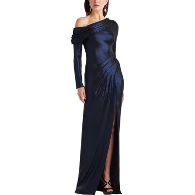 Tadashi Shoji Metallic One-shoulder Long Sleeve Gown In Blue