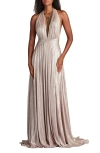 Tadashi Shoji Zarelle Pleated Metallic Halter Gown
