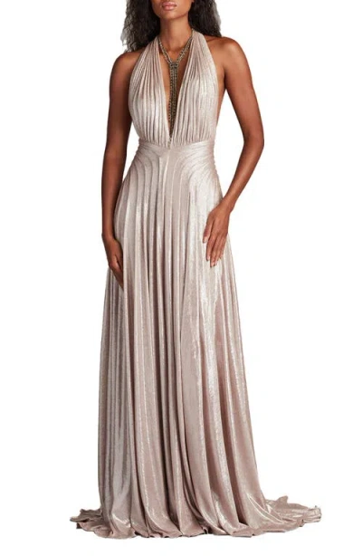 TADASHI SHOJI TADASHI SHOJI METALLIC PLUNGE HALTER GOWN