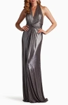 Tadashi Shoji Metallic Plunge Halter Neck Gown In Cocoa Silver