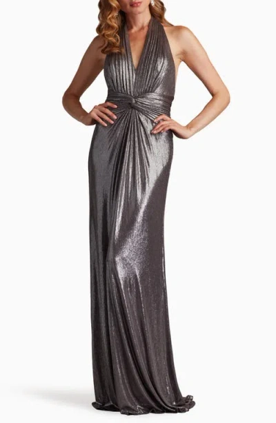 Tadashi Shoji Metallic Plunge Halter Neck Gown In Cocoa Silver