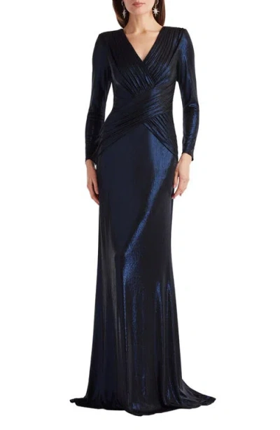Tadashi Shoji Metallic Surplice V-neck Long Sleeve Gown In Blue