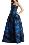 Tadashi Shoji Metallic Swirl Print Strapless Gown In Blue