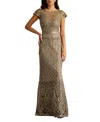 Tadashi Shoji Sequin Illusion Lace Gown In Brown