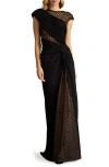Tadashi Shoji Textured Crepe Gown With Sheer Details In Black