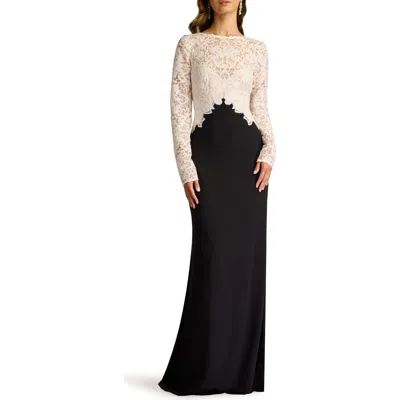 TADASHI SHOJI TADASHI SHOJI MIXED MEDIA LONG SLEEVE SEQUIN LACE BODICE GOWN