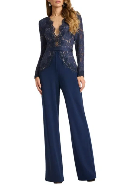 Tadashi Shoji Mixed Media Plunge Neck Long Sleeve Cotton Blend Jumpsuit In Blue