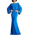 Tadashi Shoji Drape Back Crepe Long Sleeve Gown In Blue
